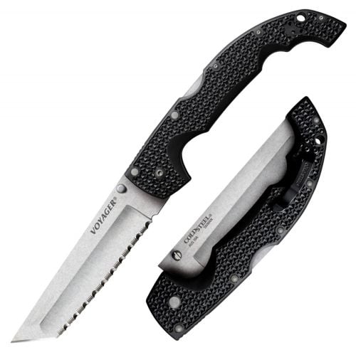 Cold Steel Voyager XL Tanto 5.50 Folding Tanto Serrated AUS 10A Steel Blade Black Griv-Ex w/6061 Aluminum Liners Hand