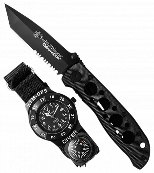 S&W SWXTMOPS2 S&W Extreme Ops Combo 3.18 Folding Plain Black 420 Stainless Steel Blade, Black Handle, Watch w/Compass