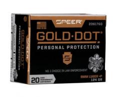 Speer Ammo 9mm Gold Dot Personal Protection Luger +P 124 GR Hollow Point Short Barrel 20 Bx/ 10 Cs - 204