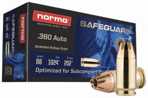 Norma Ammunition Safeguard 380 ACP 88 gr Jacketed Hollow Point 50 Per Box/ 20 Case
