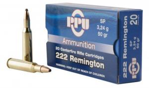PPU Standard Rifle Ammo  222 Rem 50gr Soft Point  20rd box