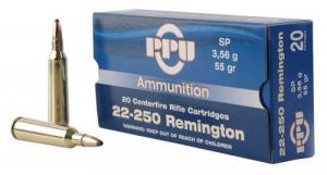 PPU Standard Rifle 22-250 Remington 55 GR Soft Point (SP) 20 Bx/ 10 Cs