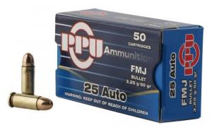 PPU Handgun 25 ACP 50 gr Full Metal Jacket (FMJ) 50 Bx/ 20 Cs