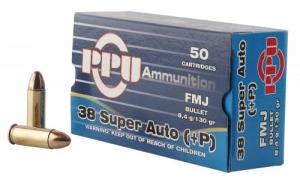 PPU Handgun 38 Super +P 130 gr Full Metal Jacket (FMJ) 50 Bx/ 10 Cs