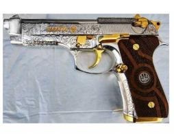 BERETTA 92 HGA 9MM 4.9 Black S HIGH POLISH NICKEL ENGRAVED WITH GOLD ACCENTS WOOD GRIPS 3/15RD MAGS